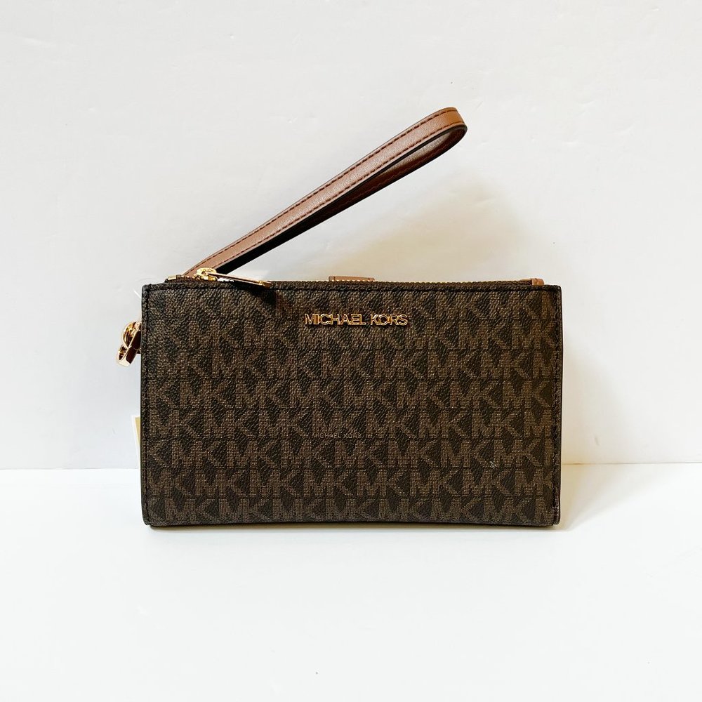 Michael Kors Jet Set Travel Double Zip Large Phone Wallet Wristlet MK Brown